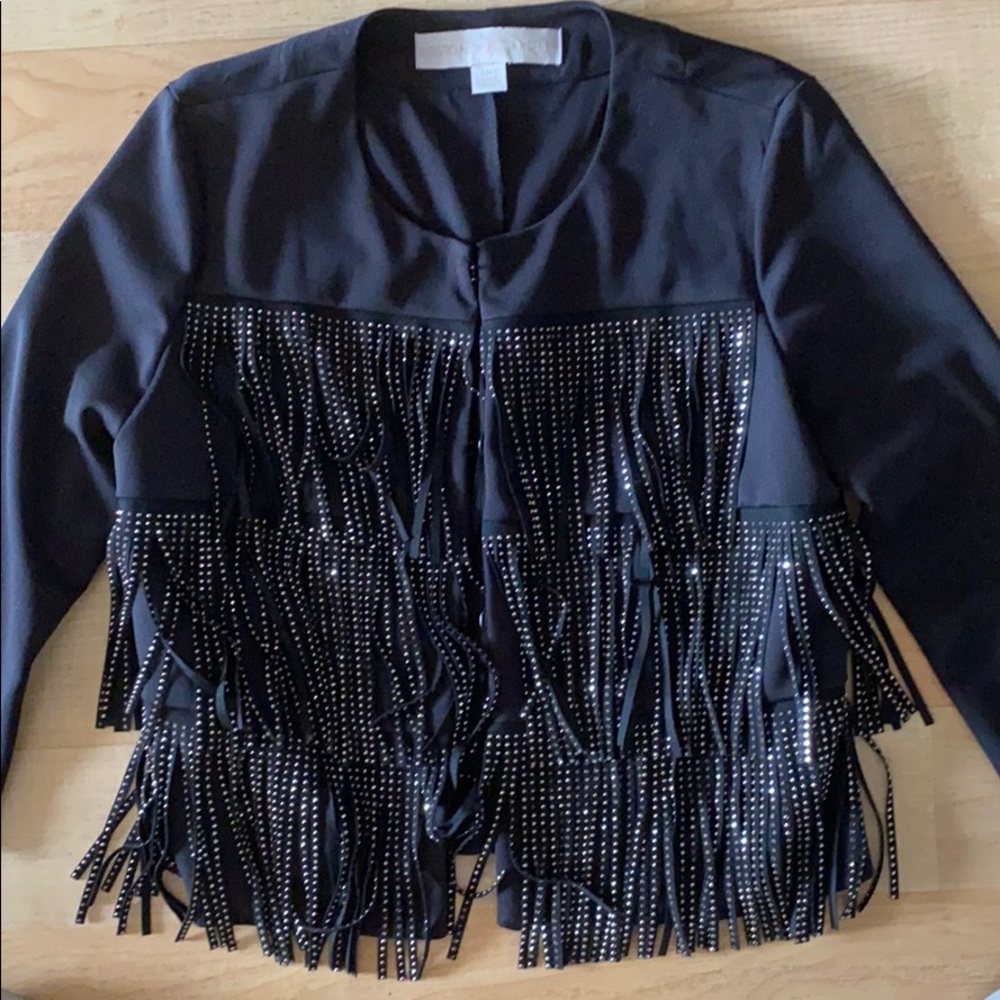Sassy gold fringe cropped ponte  jacket. Size 0